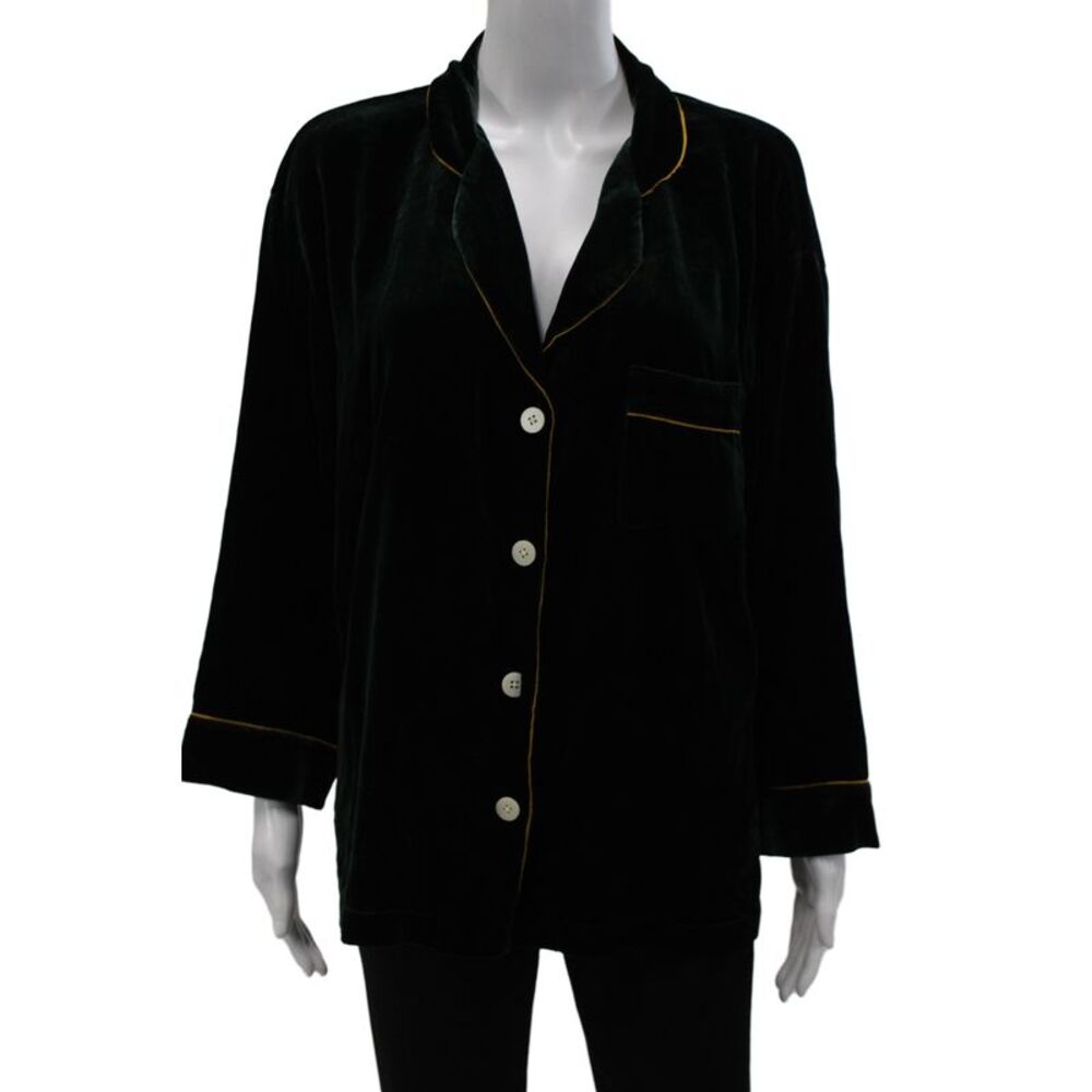 Sleepy Jones Womens Velvet Collared Button Front Pajama Top Green Yellow Size M